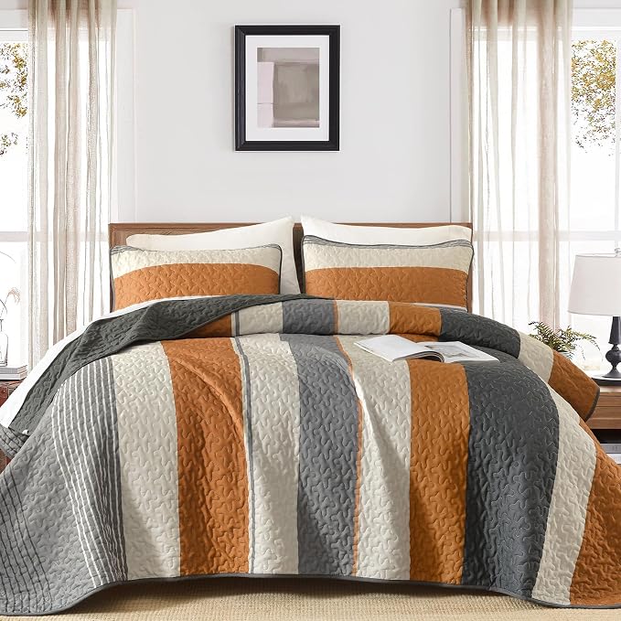 Dinjoy King Boho Striped Quilt Set, Breathable All-Season, 3-Piece Set Fits - Image 3