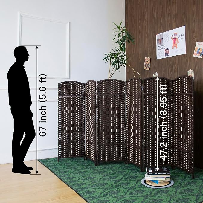 6 Panel Dark Brown Rattan Room Divider, 47.2" Low Height Double-Sided Folding - Image 2
