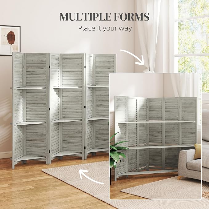 HOMCOM Room Divider with Shelves 6 Panel 67" Wood Screen Distressed White | 3 - Image 6