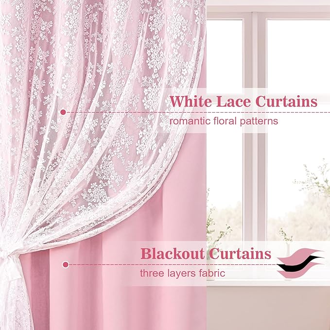 Yinhua Pink Curtains for Girls Room Double Layer Blackout Curtains for Bedroom - Image 2