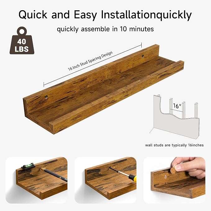 Floating Picture Ledge Shelves Set of 2, 16 Inch Solid Wood Wall Shelves - Image 4