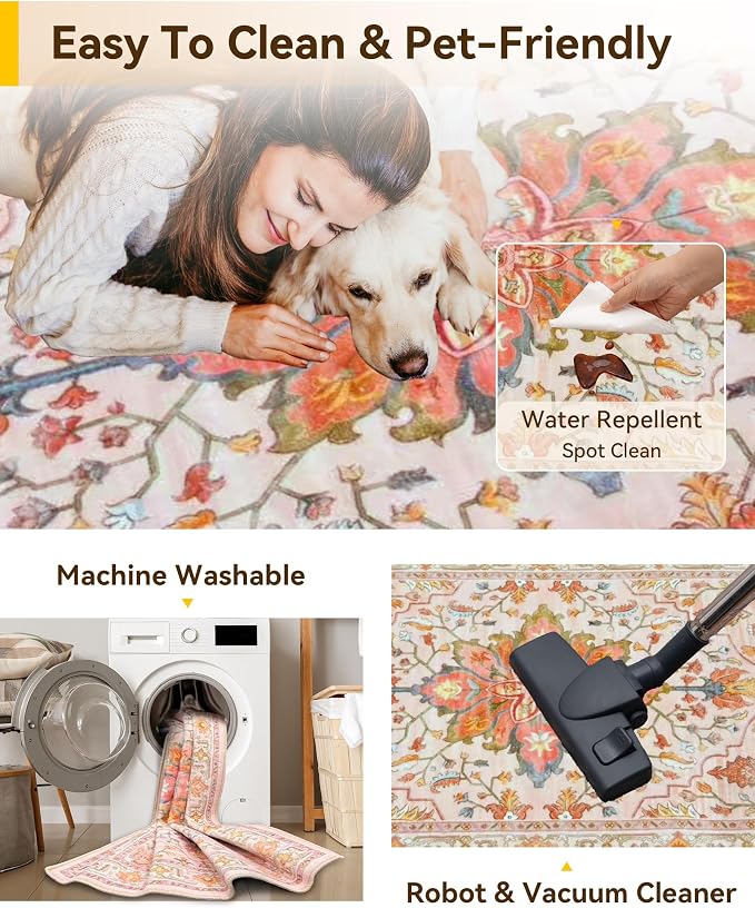 RELEANY Washable Area Rug, Water Repellent, Pet Friendly, Vintage Floral Boho - Image 6