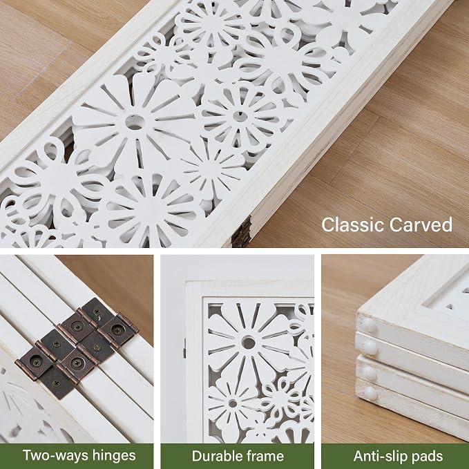 Folding Wood Room Divider Panel, 67 Inch Tall Daisy-Carved Privacy Screen - Image 2