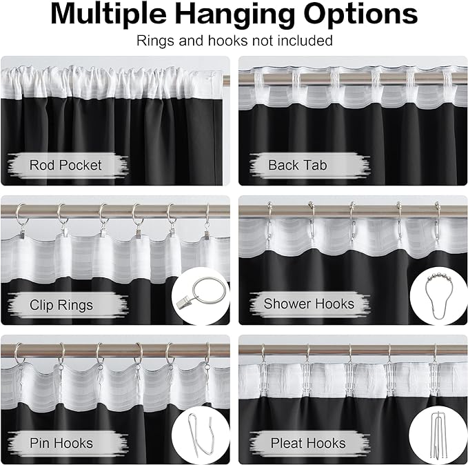 Black Blackout Curtains 105 Inch Long, 2 Panels 52W x 105L | Back Tab and Rod - Image 3