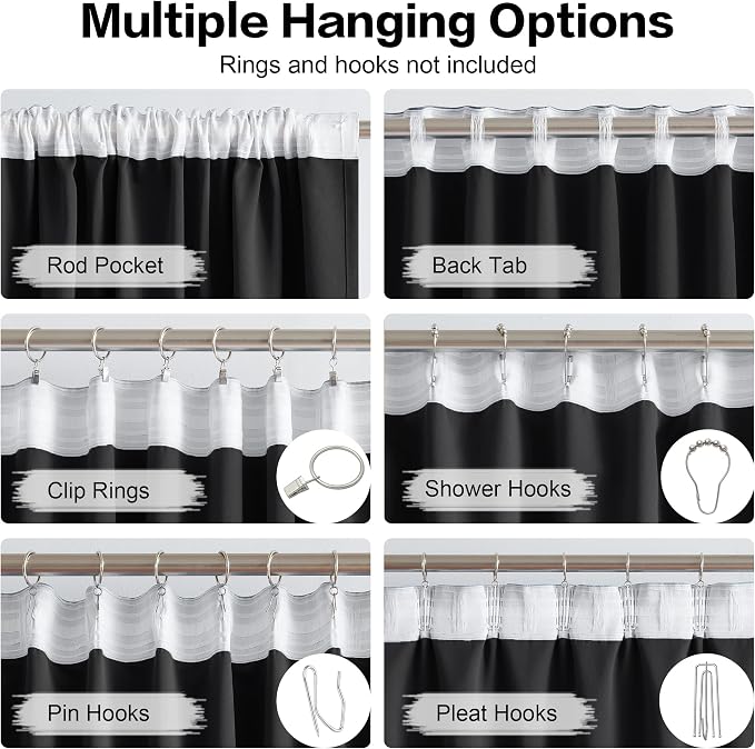 Black Blackout Curtains 84 Inch Long, 2 Panels 52W x 84L | Back Tab and Rod - Image 3