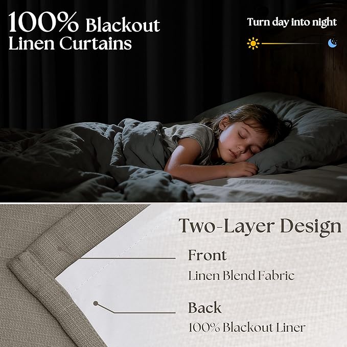 Taupe Grey Linen Blackout Pleated 105 Inch Curtains for Living Room Darkening Pinch Pleat 100% Black Out Drapes Thermal Insulated Soundproof Brownish Gray 105 Inch Curtain for Dining Bedroom