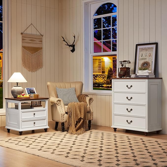 Farmhouse 4 Drawer Dresser for Bedroom, 37" Tall Rustic Chests of Drawers w/ 4 Solid Wood Feet, Mid Century Modern Wooden Closet Storage Dressers Organizer for Living Room, Hallway, White