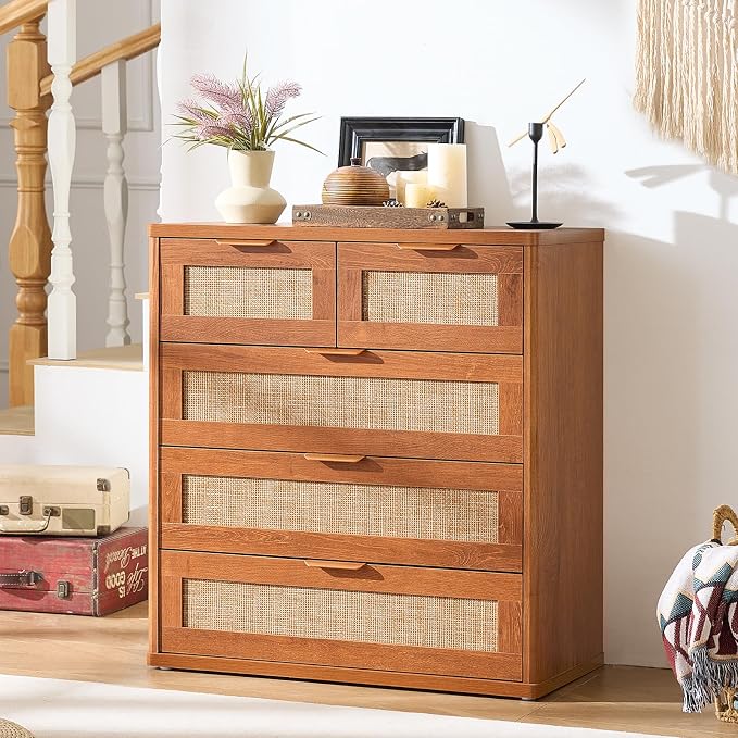 LEYAOYAO Rattan Dresser for Bedroom, 33.5" Small Chest of Drawers | Gold Metal - Image 9