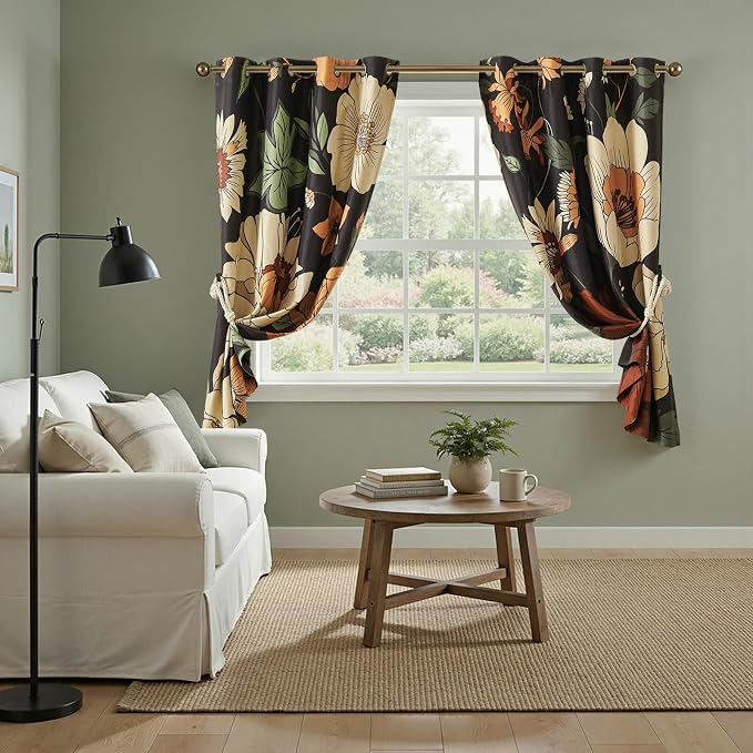 jinchan Black Boho Floral Blackout Curtains 63 Inch Grommet 2 Panels | Room - Image 6