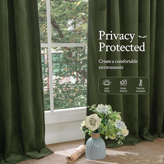 LAMIT Olive Green Velvet Curtains 72 Inch for Living Room, Luxury Thermal Insulated Blackout Curtains Room Darkening Christmas Back Tab and Rod Pocket Window Drapes for Bedroom, 2 Panels, 52 x 72 Inch