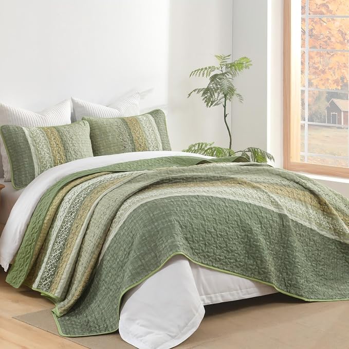 Cottolester Sage Green Queen Quilt Set, Sunner Striped Patchwork Bedspread | - Image 2
