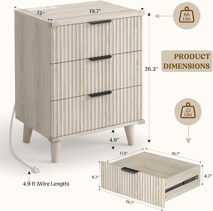 Wood Nightstands Set of 2 w/Charging Station, 3 Drawers Fluted Dresser | Grey - Image 2