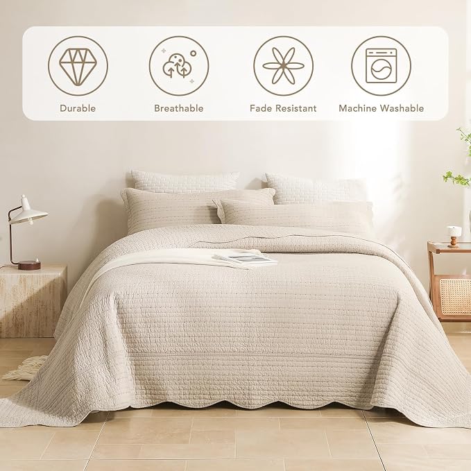 Lady Ann Oversized King Bedspreads 128x120, Linen Colored Ultra Soft Scalloped - Image 3