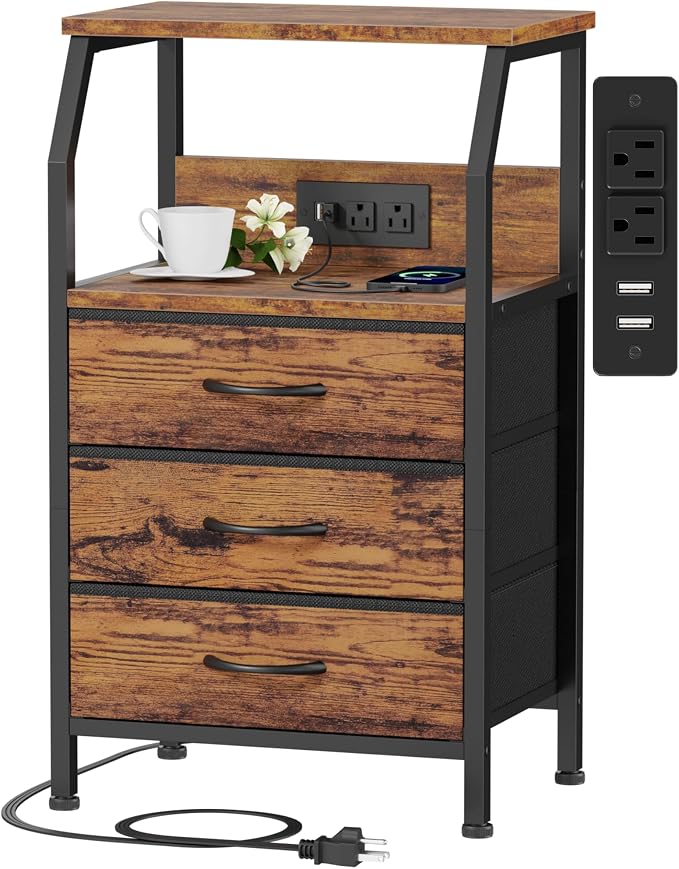 Night Stand with Charging Station, 3 Fabric Drawers Bedside Table | Rustic by Furnulem