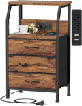 Night Stand with Charging Station, 3 Fabric Drawers Bedside Table | Rustic by Furnulem
