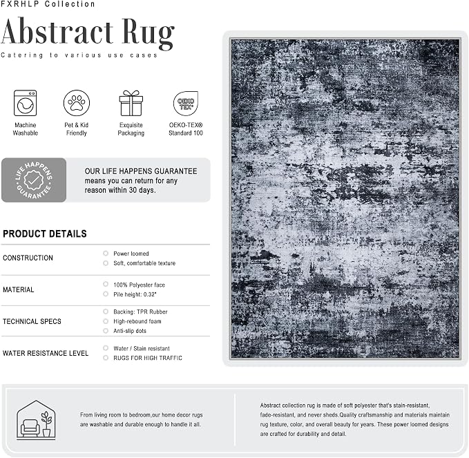 Area Rug Living Room: 4x6 Modern Washable Indoor Carpet Black | - Image 2