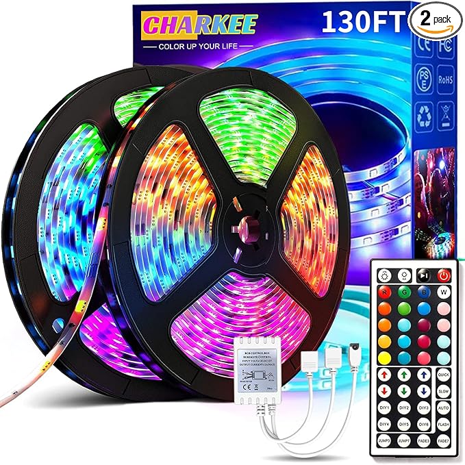 CHARKEE LED Strip Lights 130ft (2 Rolls of 65.6ft) Ultra Long RGB Color Changing LED Light Strips Kit with 44Keys Remote for Bedroom, Kitchen, Home Decor, Room, Dorm Room, DIY Mode