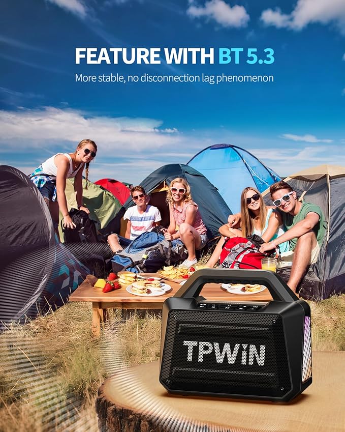 TPWIN Bluetooth Speaker - 80W Loud Rugged Outdoor Speakers, IPX6 Waterproof, 20H Playtime, Deep Bass, Lightshow, TWS, BT 5.3 Wireless, Portable for Travel Hiking Camping Beach Pool - Black