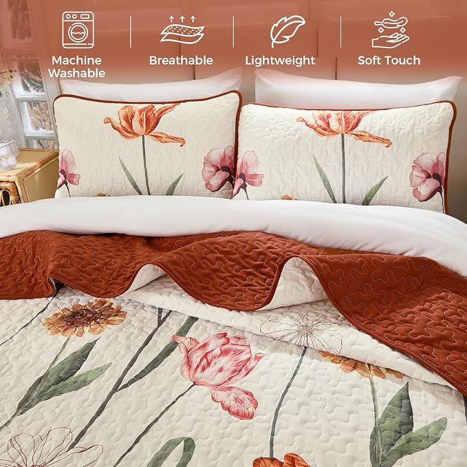 WONGS BEDDING Thanksgiving Quilt Set Queen, Shabby Chic Terracotta Cream Floral - Image 4