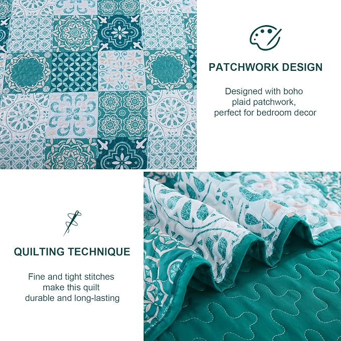 Teal Boho Quilt Set Queen Size, Plaid Patchwork Bedspreads Coverlet Set | 3Pcs - Image 5
