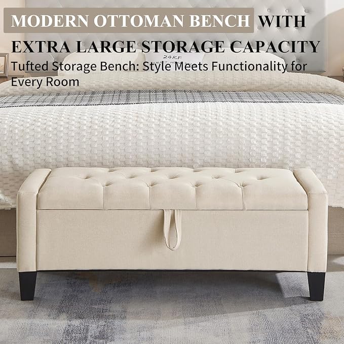 Modern Storage Ottoman Bench, Linen Upholstered End of Bed Bench - Image 3