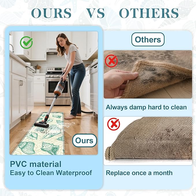 Kitchen Mats for Floor Cushioned Anti Fatigue Sets of 2 Beach Theme Kitchen Rugs Non Slip Waterproof Coastal Foam Kitchen Floor Rug Nautical Coral Seashell Comfort Standing Mat For Sink Laundry, Green