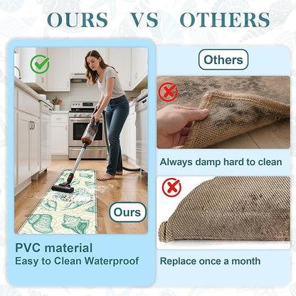 Kitchen Mats for Floor Cushioned Anti Fatigue Sets of 2 Beach Theme Kitchen Rugs Non Slip Waterproof Coastal Foam Kitchen Floor Rug Nautical Coral Seashell Comfort Standing Mat For Sink Laundry, Green