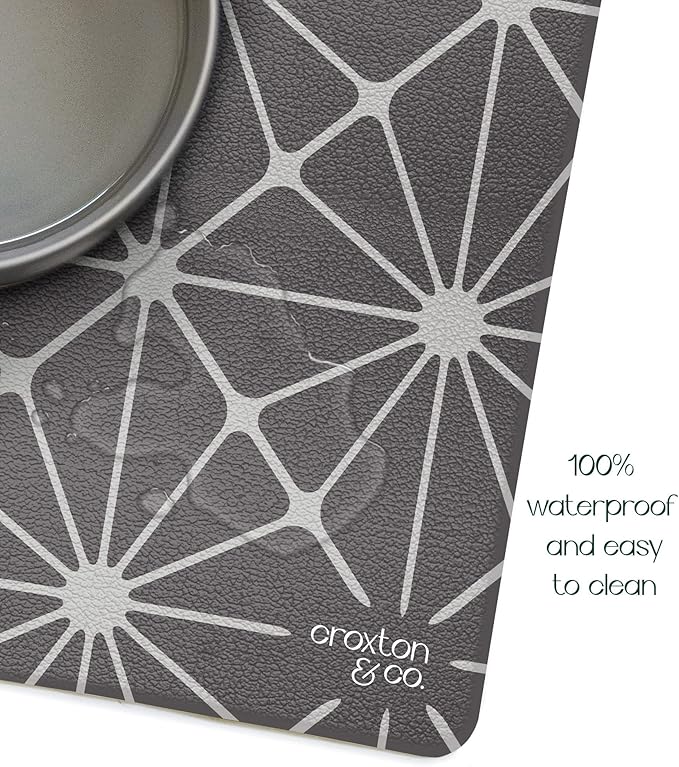 CROXTON & CO. Non-Slip Faux Leather Pet Feeding Mat for Dog Bowls | Large Bowl Mat for Food and Water | Durable, Easy-to-Clean Pet Food Mat for Floors | Size: 16.5"x18"