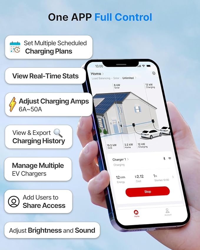 ELECQ Smart Level 2 EV Charger, Active Load Management, Solar EV Charging Mode, Wi-Fi Enabled, OCPP Compatible & Future-Proof, 40A NEMA 14-50 Plug-in EV Charger for Home with J1772 Connector