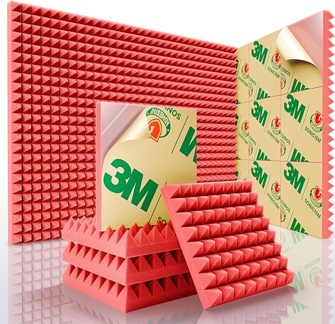 Sonicism Sound Proof Foam Panels for Walls Self-Adhesive 12 Pack Pyramid 12" X 12" X 2" Acoustic Panels,35kg/m³High Density Soundproof Wall Panels Fast Expand,Sound Absorption & Decoration(Red)