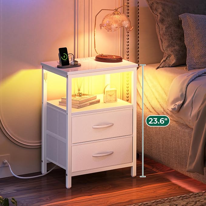 Huuger Night Stand with Charger Station and LED Lights, 2 Drawer Nightstand | - Image 4