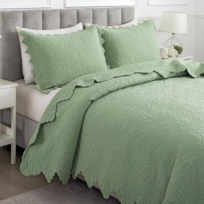 Brandream Premium Sage Green Cotton Quilt Set Queen Size Floral Vine Stitching - Image 8