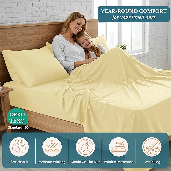 Casa Platino King Bed Sheets Set – 4 Piece Pre-Washed Set, Ultra Soft Microfiber, Breathable Cooling Fabric, Deep Pocket 15” Fitted Sheet, Hotel-Inspired King Bedding Set for Comfort - Vanilla
