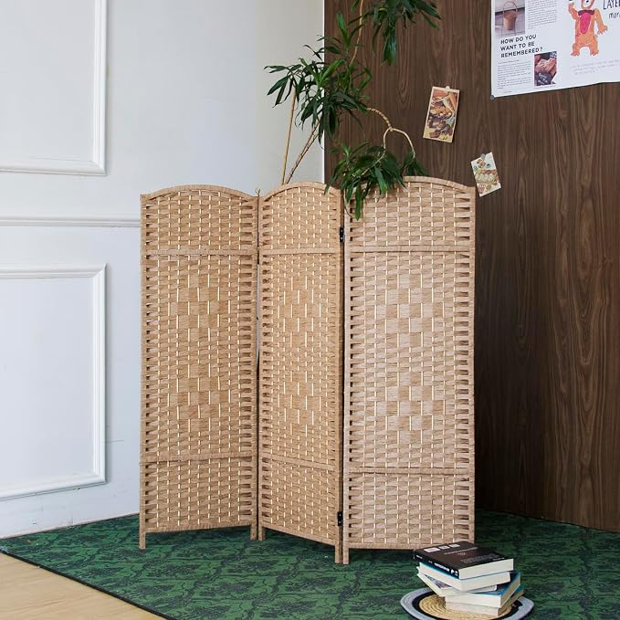 3-Panel Short Room Divider, 3.9 ft Freestanding Partition Wall, Light Brown by Loomveil