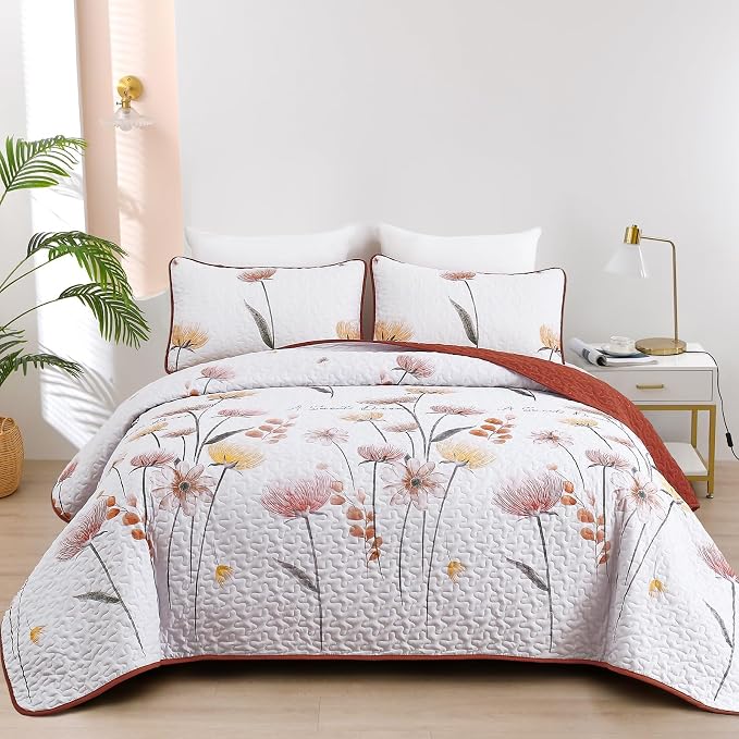 Dinjoy Floral Quilt Set Queen, Burnt Orange Bedspread by DINJOY