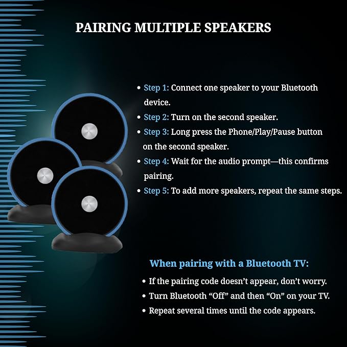 Long Run Technologies Paired Bluetooth Speakers - Surround Sound Stereo Pairing Linkable for Home TV Car