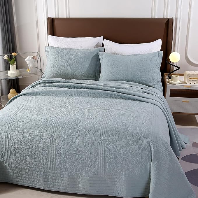 ROOMLIFE Quilt Set Full Size 3D Floral Embroidery Pattern 3-Piece Cotton - Image 3