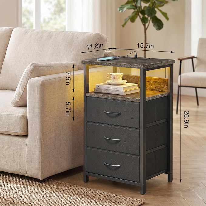 Fixwal Night Stand with 3 Fabric Drawers, Nightstand with Charging Station | - Image 3
