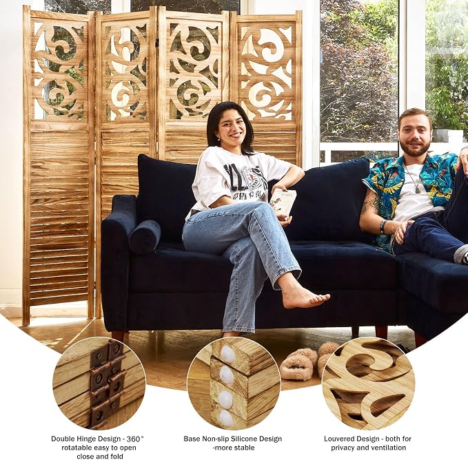 Room Divider Wood Carved Wall Divider Indoor Folding Portable Partition Screen - Image 2