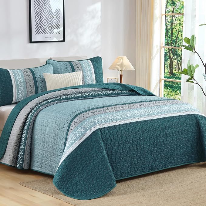 Cottolester Teal Quilt Set King Size, Soft Striped Texture Quilt Set 3 Pcs | - Image 2