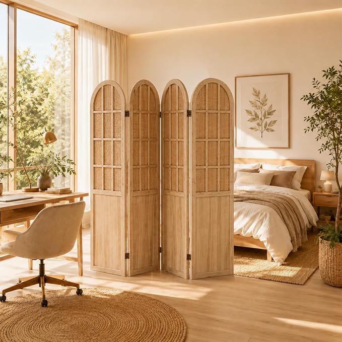 4 Panel Room Divider Privacy Screen Bamboo Wood Light Brown | Folding - Image 7