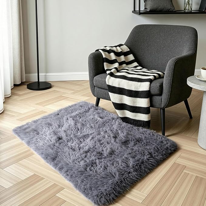 KICHOWUA Grey Fluffy Shag Rug 2x3, living room, kids room, boys and girls - Image 6