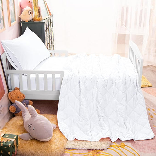 4-Piece Toddler Bedding Set for Girls and Boys – Soft and Breathable Crib Bedding with Quilted Comforter, Fitted Sheet, Flat Top Sheet and Envelope Pillowcase, White