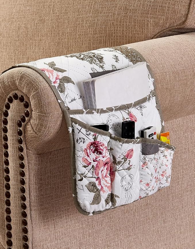 Brilliant Sunshine Pink Rose & Grey Toile Couch Armrest Cover, Armrest - Image 3