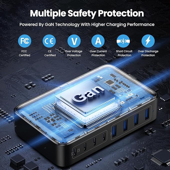 USB C Charger 200W USB C Charger Block,Upgraded GaN III 8-Port Fast Charging Station Hub,PD 65W Laptop Charging Adapter Compatible with MacBook Pro/Air,DELL,Steam Deck,iPhone 16/15/14,Galaxy S23/22