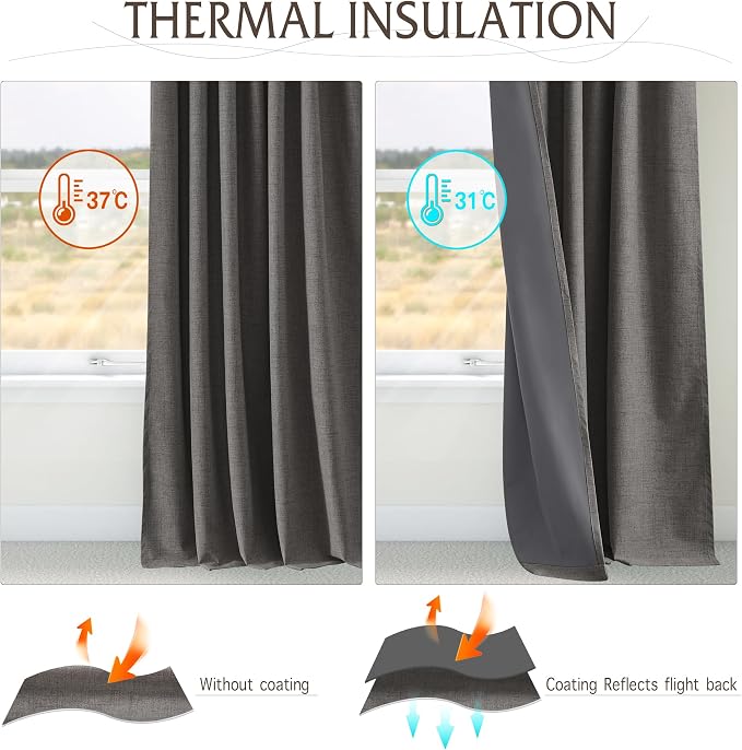 RYB HOME Pinch Pleated Back Tab Curtains Linen Textured 100% Blackout Curtains - Image 6