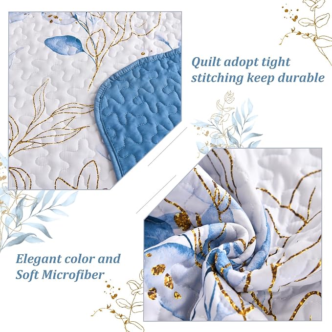 Anibedding Botanical Quilt Set Queen Size Blue Print Bedspread Coverlet Set | - Image 5