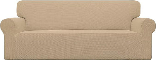 Easy-Going Stretch Sofa Slipcover 1-Piece Sofa Cover Furniture Protector Couch Soft with Elastic Bottom for Kids, Polyester Spandex Jacquard Fabric Small Checks (Sofa, Sand)