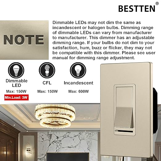 BESTTEN Matte Champagne Gold Dimmer Light Switch, Single Pole or 3-Way, Compatible with Dimmable LED, CFL, Incandescent and Halogen Bulb, 120VAC, Signature Collection, UL Listed