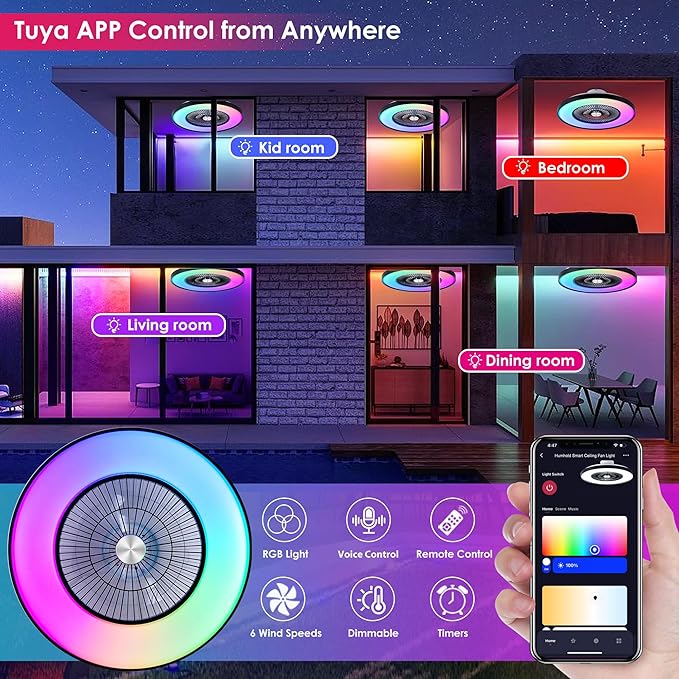 HUMHOLD 24" Bladeless Ceiling Fans with Lights and Remote/APP/Voice Control, Low Profile Ceiling Fan with RGB Lights, Enclosed Flush Mount Ceiling Fan for Kid's Bedroom/Living Room